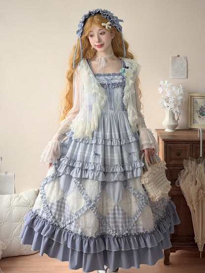 Blue Gingham Pattern and Floral Lace Patches Skirt Casual Lolita Dress
