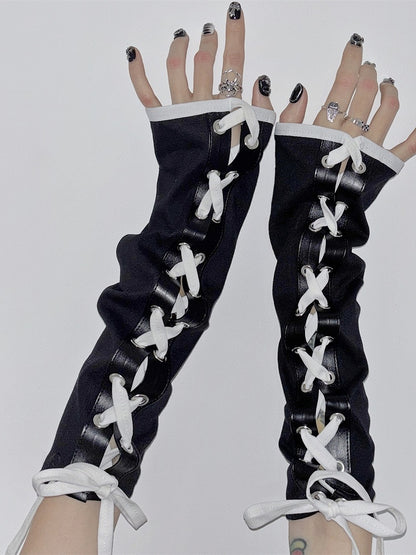 Self-tie BlackWhite Crisscross Strap Y2K Design Sleeves