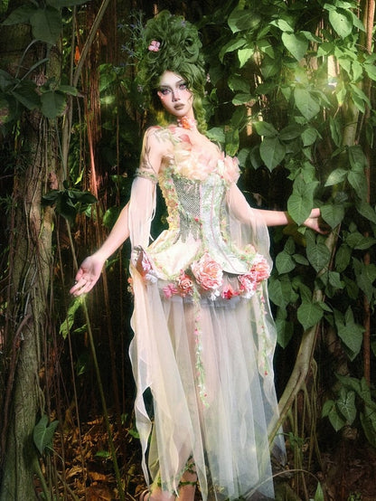 Tulle Goth Fairy Pink and Overlay Floral Green Corset Boned Forest + Petticoat Sleeves