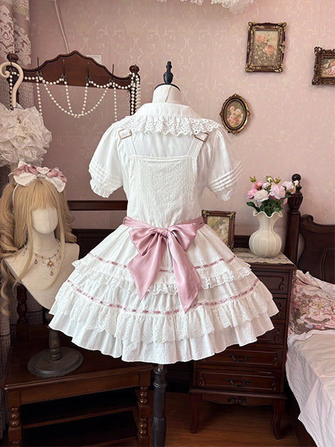 Decorated Self-tie Bow Sweet Lolita White Heart Apron and Pink