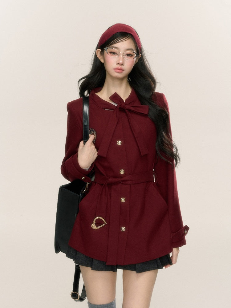 Red Self-tie Strap Blazer with Waist Belt