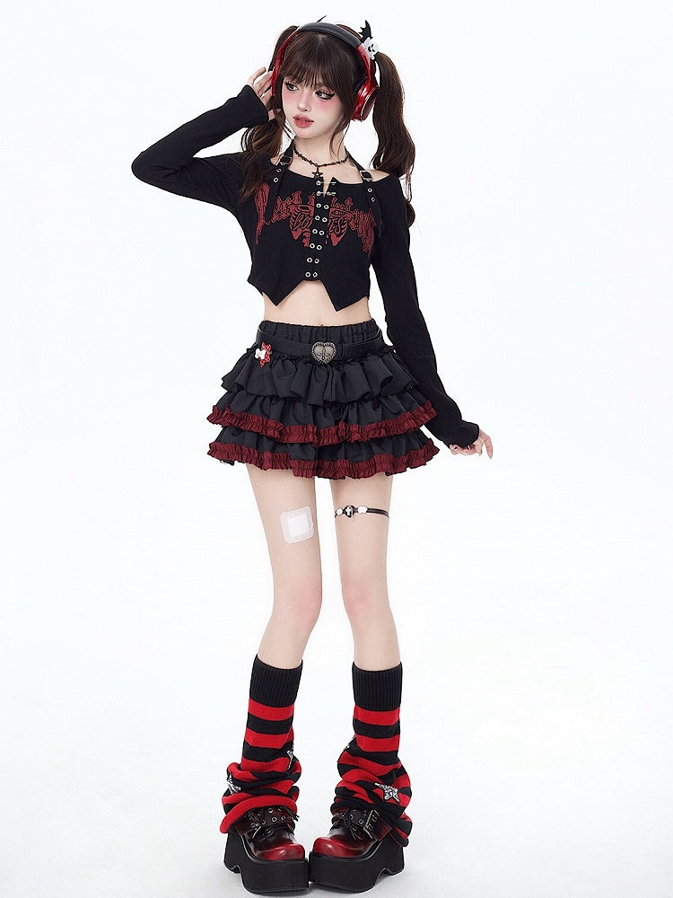 Hem Free with Punk Belt Ruffle Skirt Black Waist Tiered