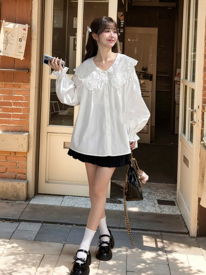 White Oversized Lace Collar Ruffled Cuff Loose Blouse