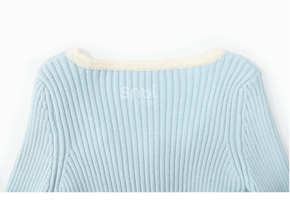 Blue Bowknot Details Round Neck Slim-fit Knit Top