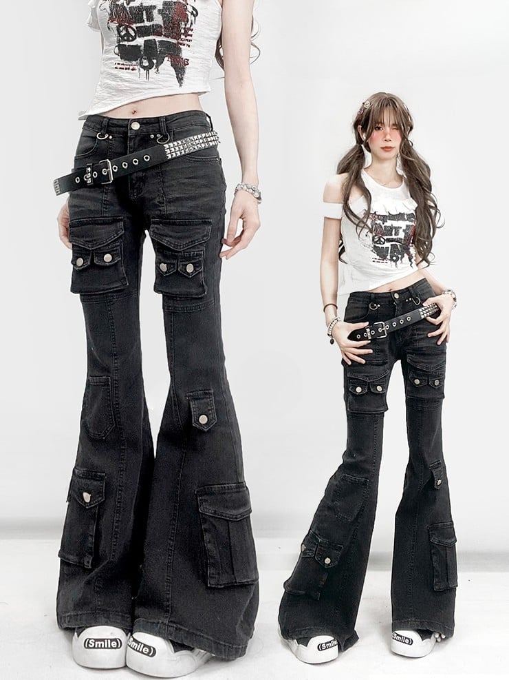 Silhouette Jeans With Multiple Pocket Accents Waist Flare Kawaii Black Glamorous Bittersweet Low