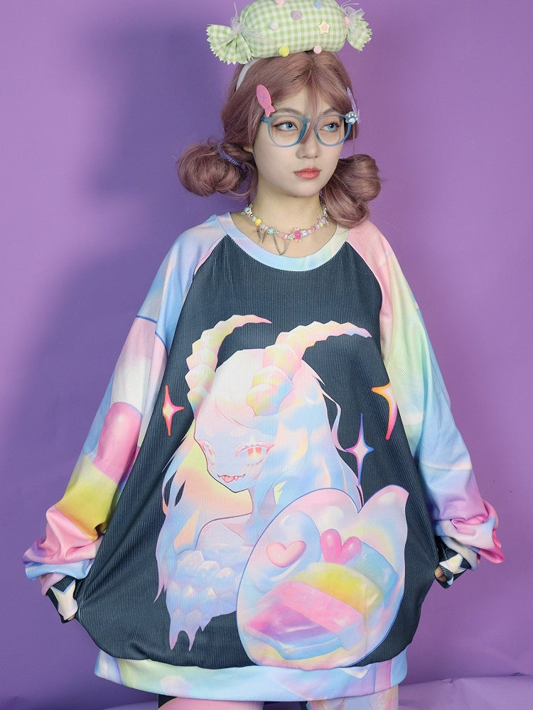 Gyaru Sweatshirt Bunte Cartoon Muster Mode