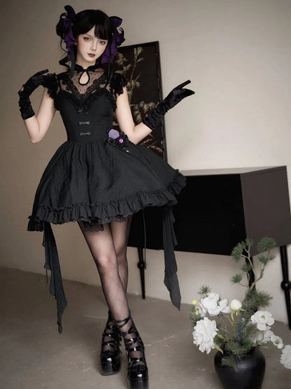 Sleeves Tulle Black Top Dotted Flutter Collar Qipao Sheer