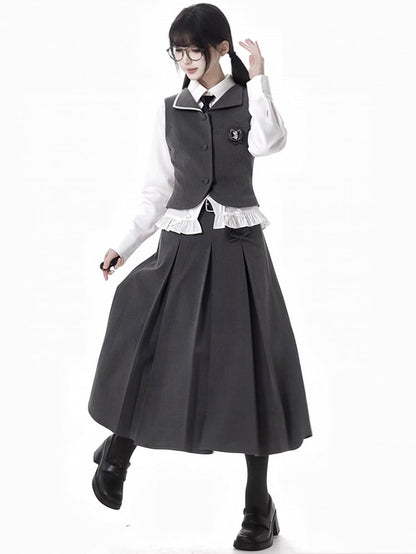 White Bowknot Details Ruffle Trim Shirt With A Tie