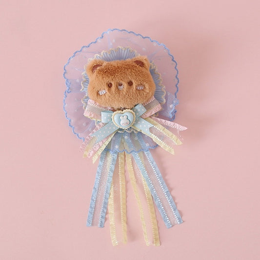 Cute With Blue Bowknot Lace Soft Hairclip Plush Bear