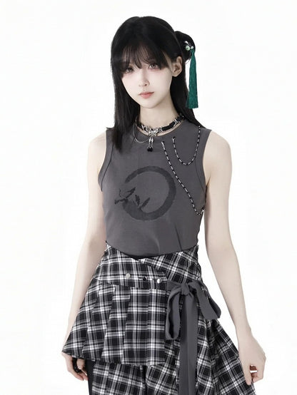 Dark Gray Crane Print Cropped Detachable Tank Top Chains with Beaded