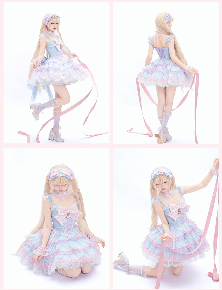 Ruffled Accents Hairband Pink Blue and Bowknot Lolita