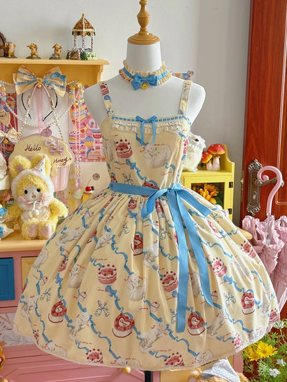 Cute Lolita Dress Sweet Showa Jumper Yellow Kitty Cream Print Skirt Fluffy