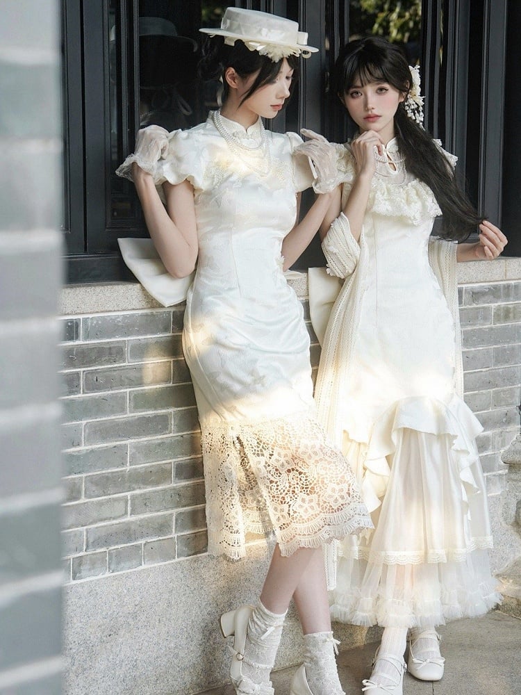 Slit Panel Banded Hem Side Dress Lace Qi Lolita Collar Butterfly Qipao Jacquard