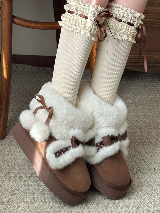 - Boots Dark Brown Snow Bunny Ears Sweet Lolita Dot Polka Platform Plush