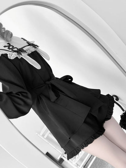 Black White Kei + Ears Bow Mini Dress + Ruffle Hem Shorts Jirai and Back Tie Sailor Collar Bunny Design Set-