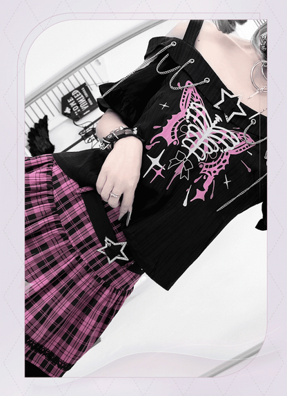 Embellished Neckline Butterfly Print T-shirt with Pink Plaid Y2K Chains Skirt Set Black