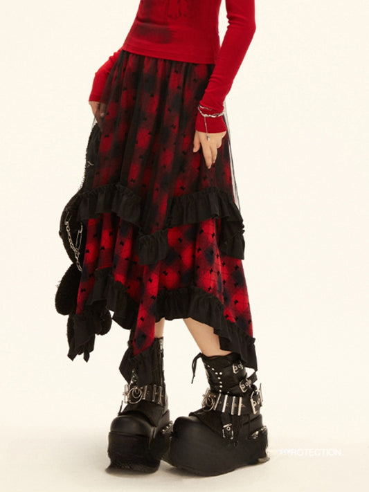 Red Plaid Pattern Asymmetrical Ruffled Hem Skirt Y2K