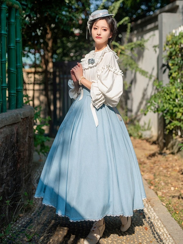 Dusty Blue Boned High Waist Long Version Autumn Daily Lolita Skirt