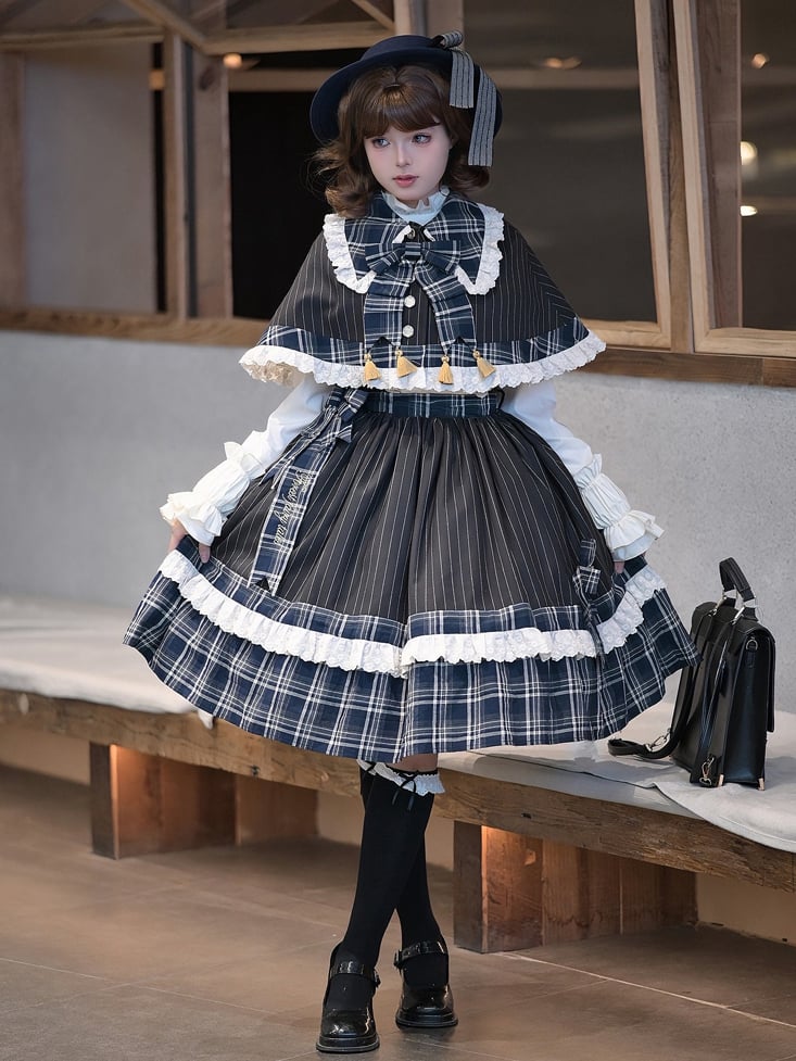 Blue Plaid and Black Striped Pattern Lolita JSK + Cape