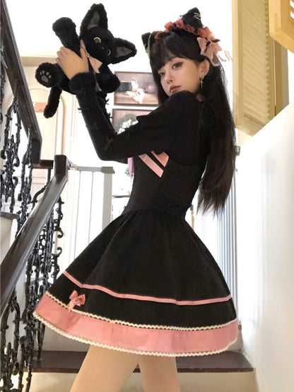 Black and Pink Cat Ears Bow Accents Basque Waist Sweet Dress Lolita Jumper Skirt