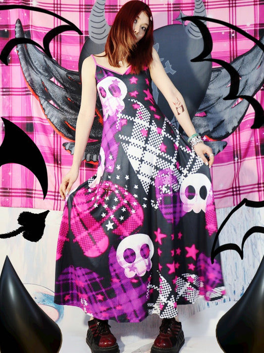 Kuro Kawaii Black Skeleton and Star Print Cami Dress Plaid Heart Pattern