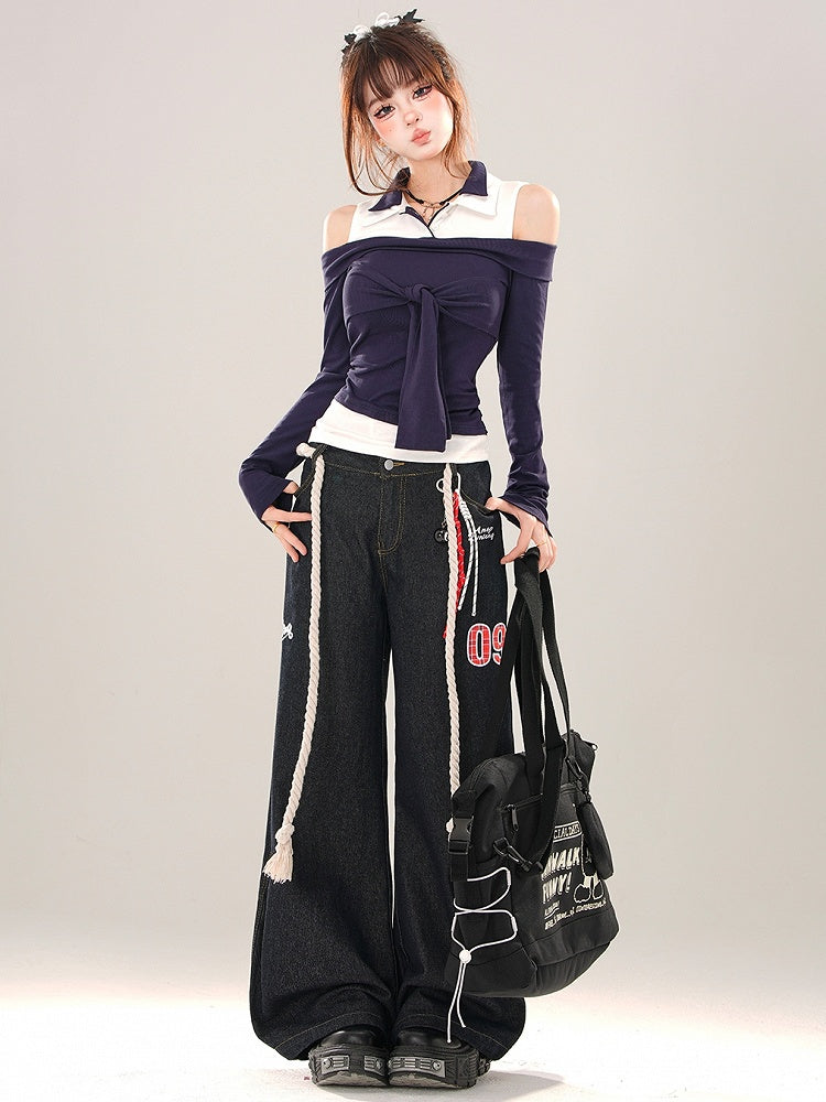 Navy Blue Tie Accent Cutout Shoulder Patchwork Top