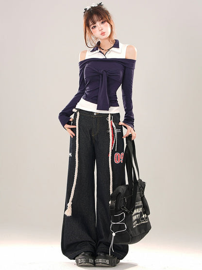 Navy Blue Tie Accent Cutout Shoulder Patchwork Top
