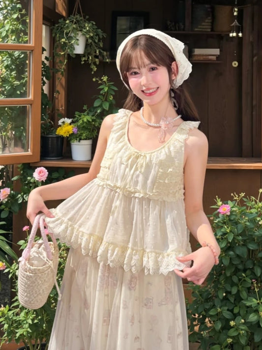 Self-tie Tank Top Bow Lace Trim Elegant with Beige Tiered