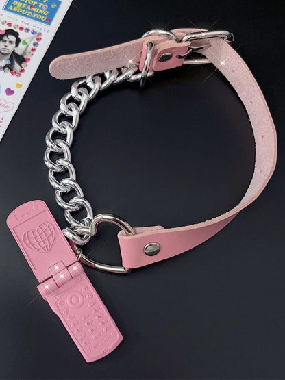 PU Pink/Silber Telefon Y2K Anhänger Choker