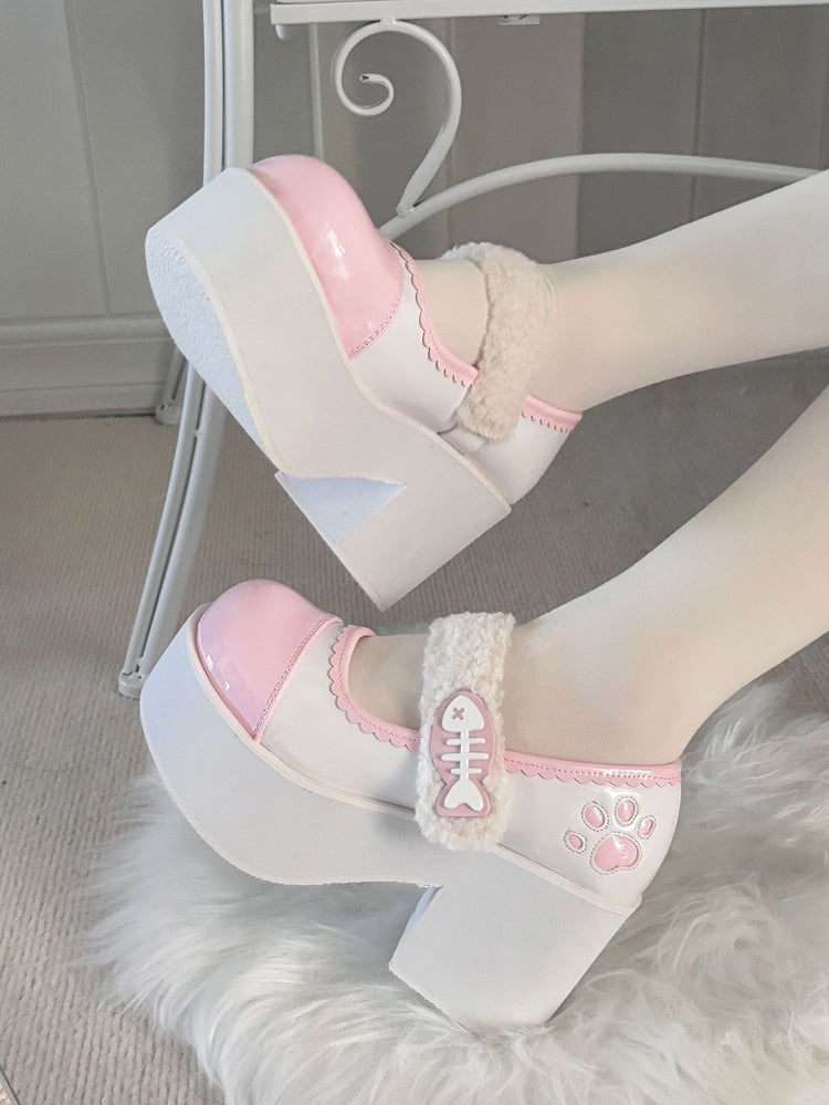 Pink Jirai Kei Claw Fishbone Platform Shoes