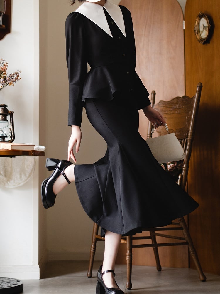 Black Retro Fashion Pointed Collar Elegant Dress