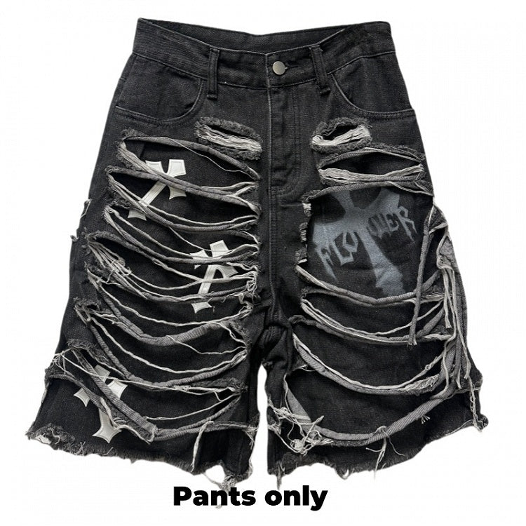 Denim Shorts Y2K Cross Appliques Distressed Holes Dark Gray Glamorous