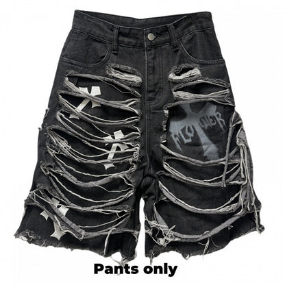 Denim Shorts Y2K Cross Appliques Distressed Holes Dark Gray Glamorous