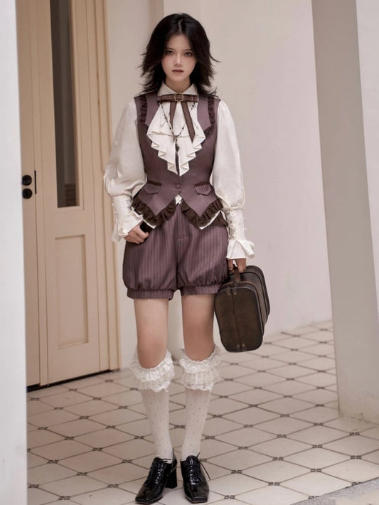 Brown Ouji Lolita Lace Trim Waistcoat + Striped Bloomer Shorts