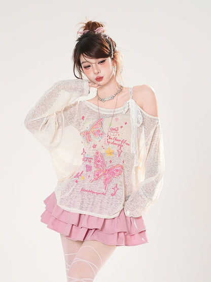 Asymmetrical Neckline Butterfly Print Apricot/Green