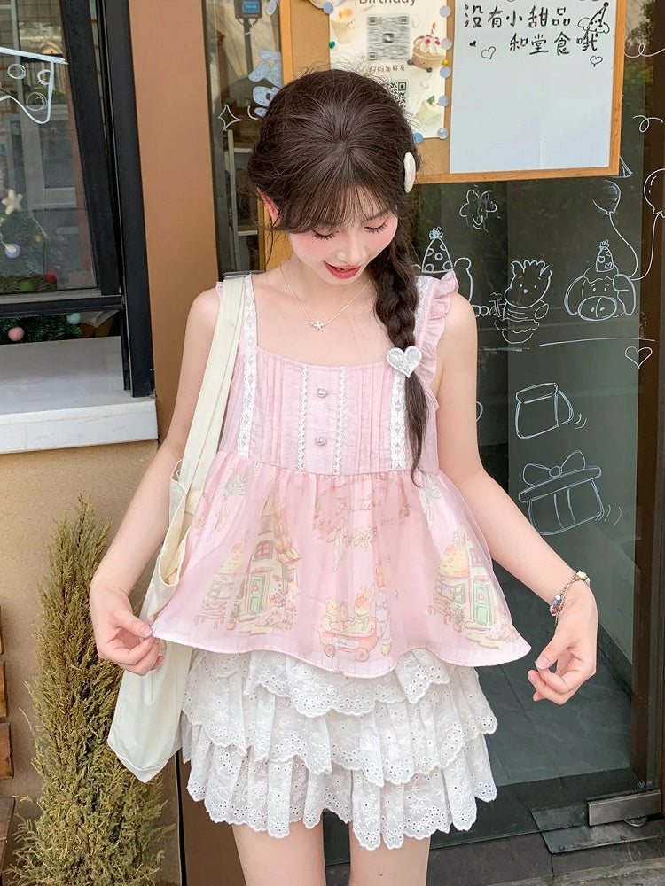 Flutter Sleeves Cartoon Bear Print Sleeveless Top Sweet Pink