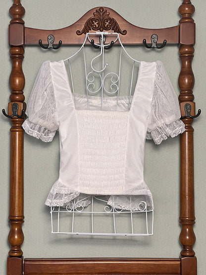 White Square Neckline Short Sleeves Blouse