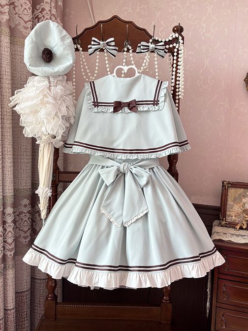 With Hem Cape Sailor Lolita Collar Green Ruffle Dress Light