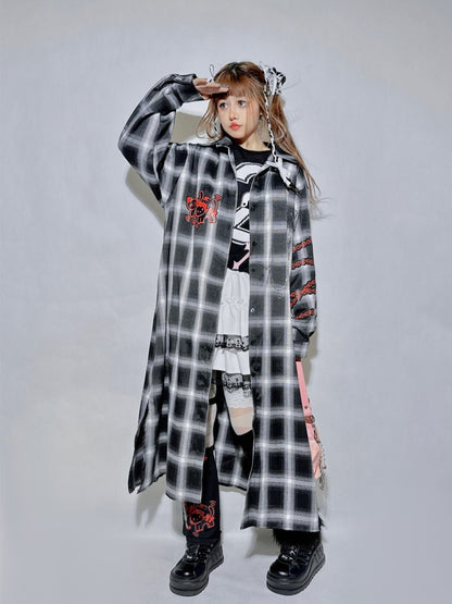 Black&Gray Plaid Pattern Kitty and Panda Pin Chain Shirt+White Brain Knitted Long Cardigan