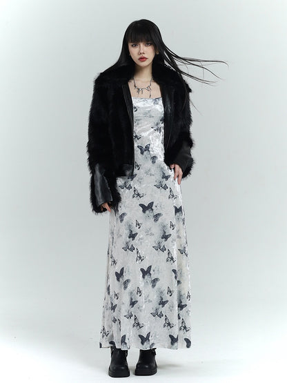 Robe moulante en velours blanc à imprimé papillon