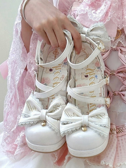 Block Heels Buckles High Bow Detachable Crisscross Design White Top Heart at