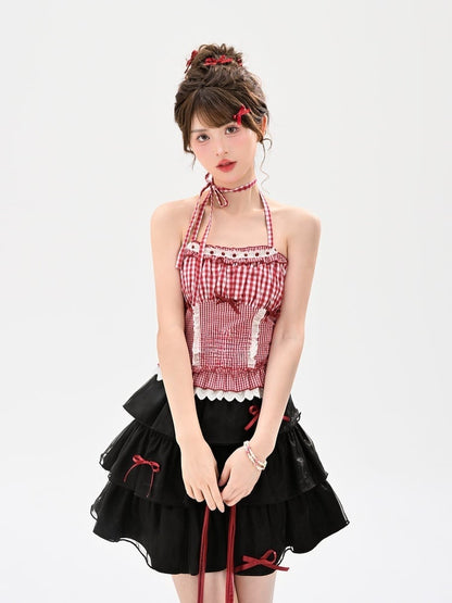 Summer Lace Trim Red  White Plaid Halter Neck Top Holiday