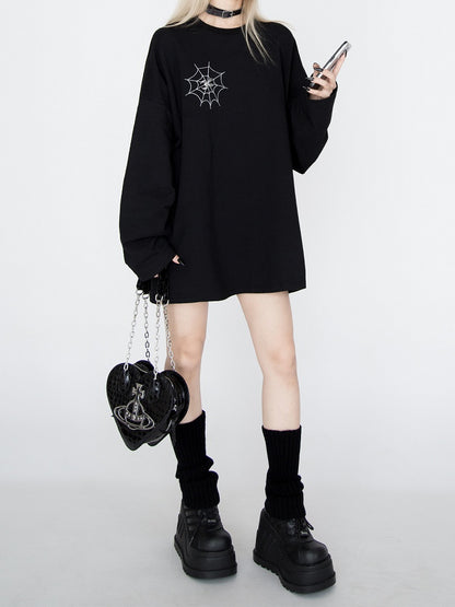 Spiderweb Embroidered Black Sweatshirt with Detachable Metal Spider