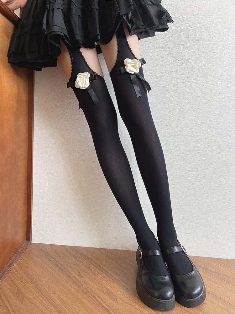 Black/White Tights Suspender Camellia Bowknot