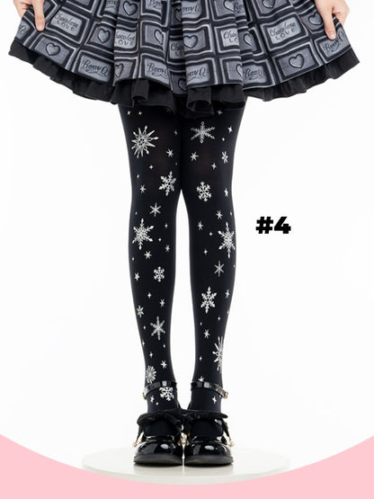 White/Black Snowflake Print Lolita Tights