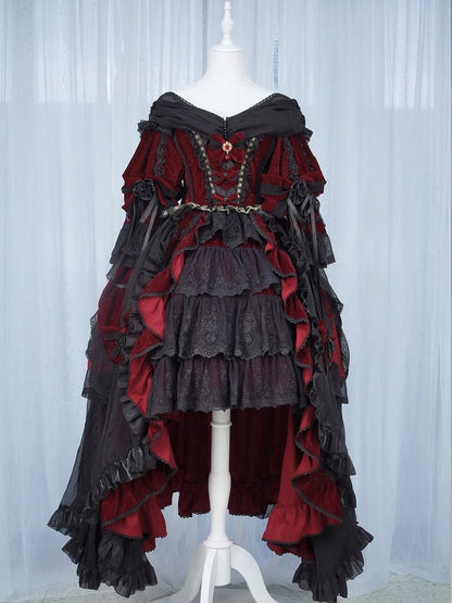 und Hanayome Kleid Schwarz Rüschen High-Low Lolita Cascading Schimmernder Samt Rot