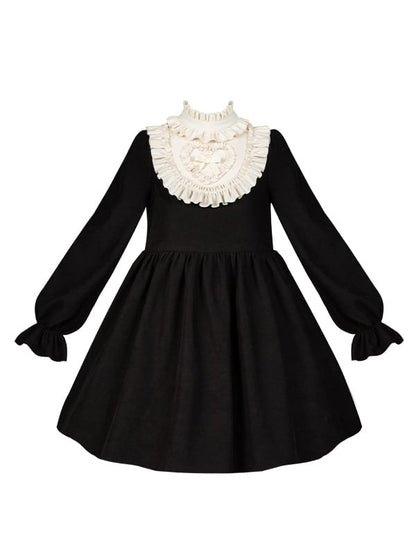Robe Lolita beige à volants, taille haute, manches longues et ballon, version courte
