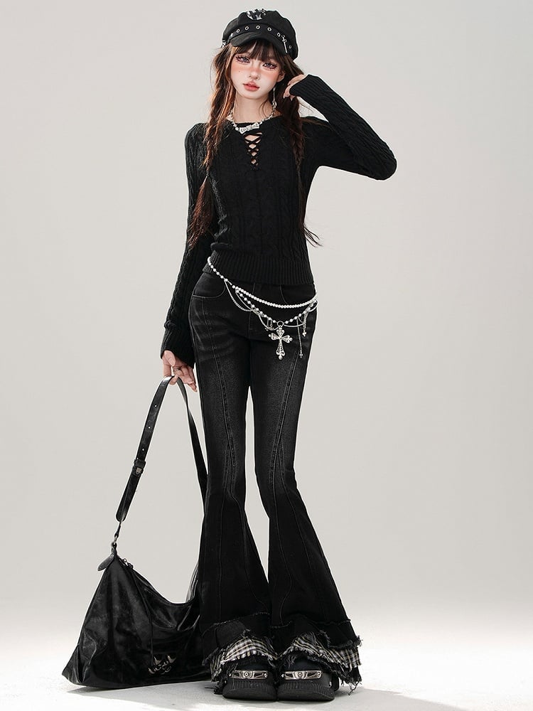 Black Plaid Patchwork Cuffs Fishtail Jeans