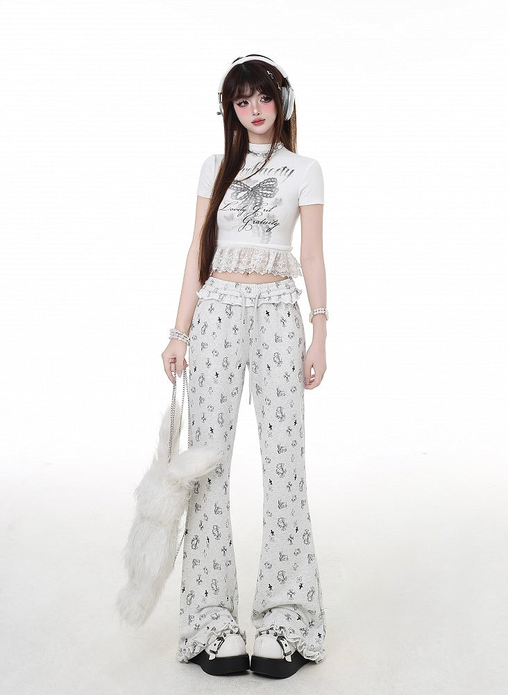 Gray Cuffs Low Waist Kitty and Cross Print Light Glamorous Ruffled Flared Pants