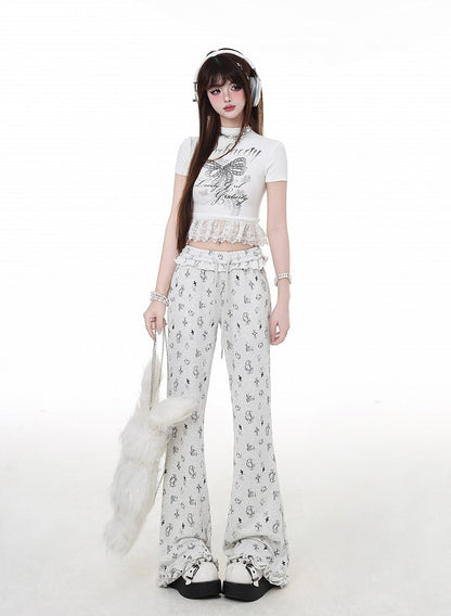 Gray Cuffs Low Waist Kitty and Cross Print Light Glamorous Ruffled Flared Pants